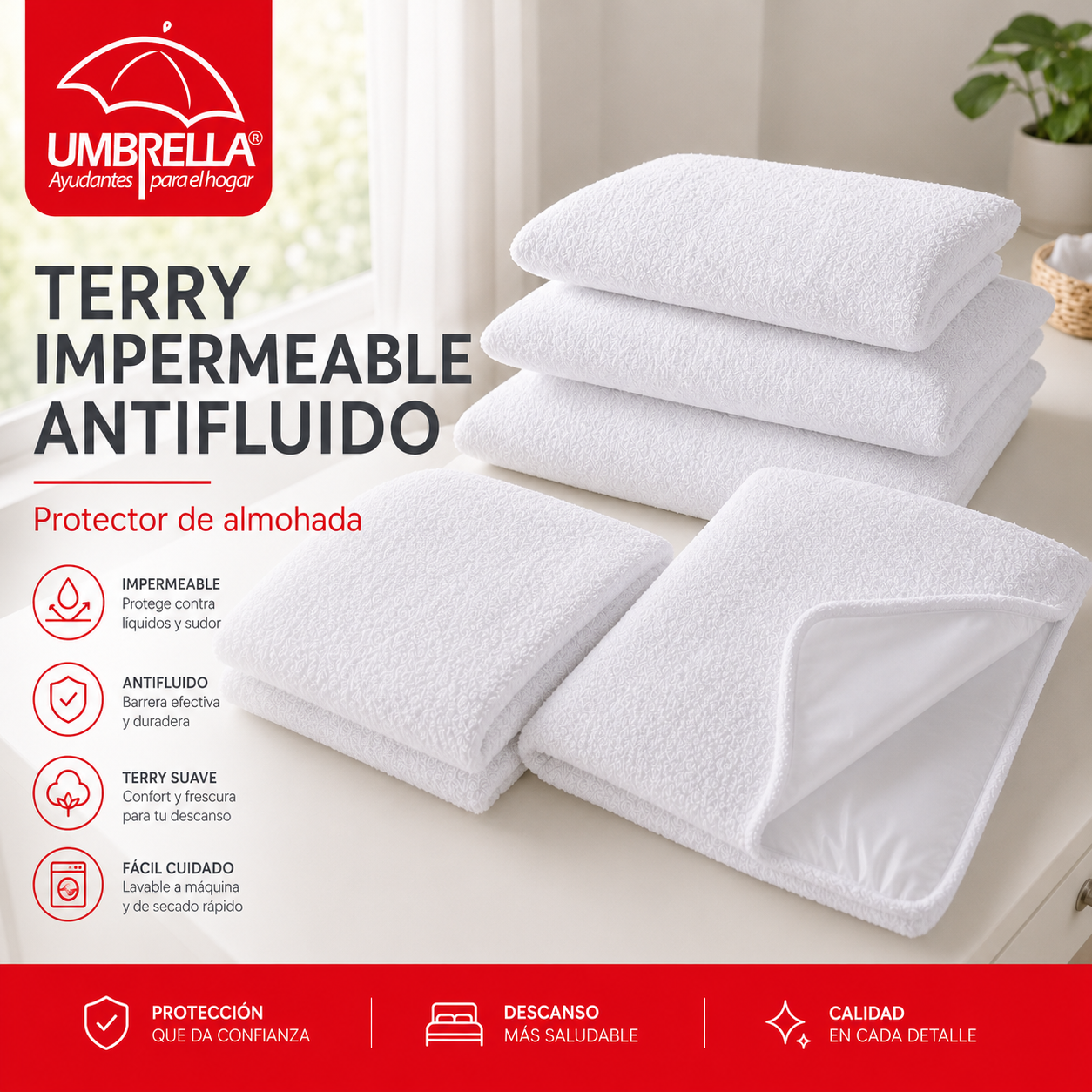 Protector de Almohada Terry, Impermeable, Antifluido 50 x 90